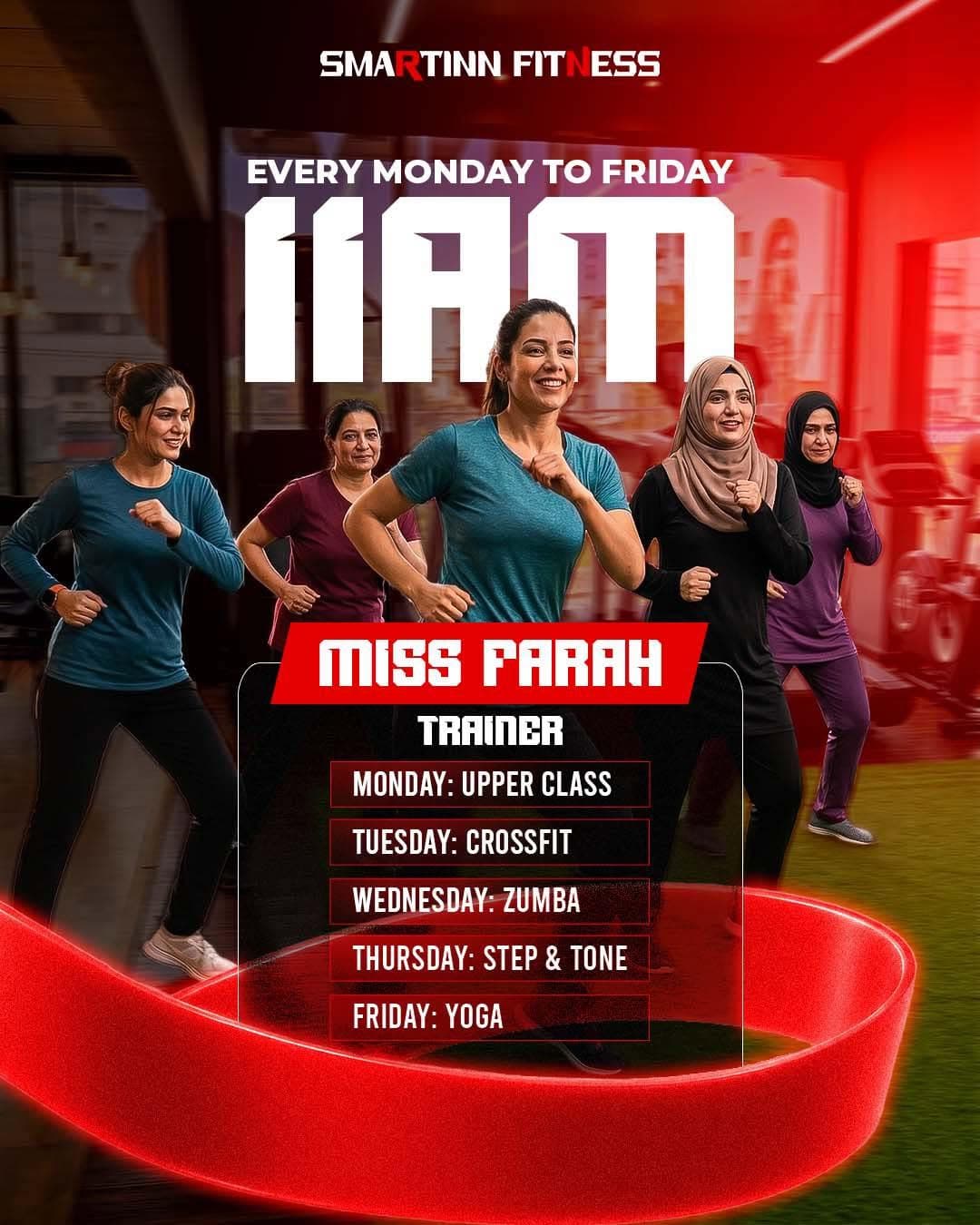 Ladies classes, Monday–Friday at 11AM